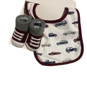 Car Print Bib and Sock Set - Gray and Burgundy
